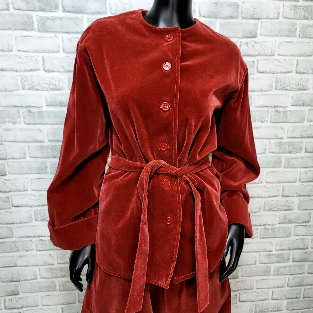Vintage 70s Lenexa Place Rust Velour 2Pc Skirt Suit Set Belted Maxi USA ILGWU